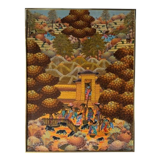 Vintage Bali Folk Art “Niwg Jagri Peneslanan Klod Ubud Bali” Oil on Canvas Painting – Framed For Sale