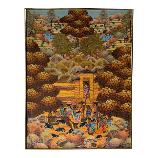 Vintage Bali Folk Art “Niwg Jagri Peneslanan Klod Ubud Bali” Oil on Canvas Painting – Framed For Sale