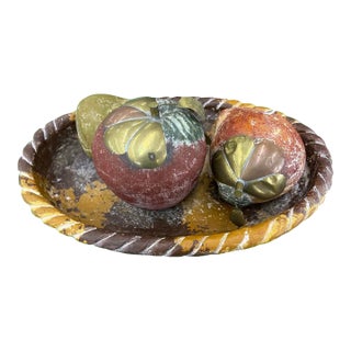 Vintage Pottery Fruit and Basket With Brass Accents For Sale