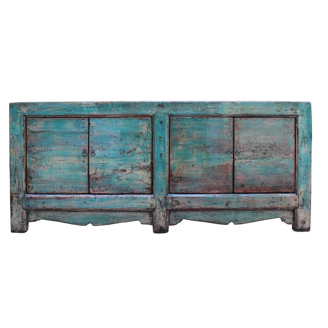 Distressed Teal Blue Green Finish High Credenza Console Buffet Table