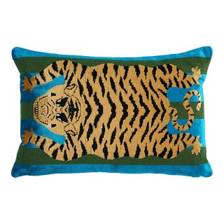 Schumacher x Johnson Hartig Jokhang Tiger Velvet 20" Lumbar Pillow in Peacock & Olive For Sale