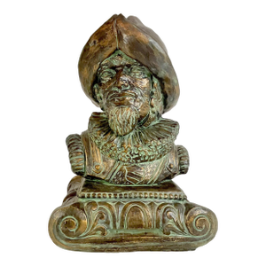 1950s Vintage Coastal Spanish Colonial Mission Sculpture, Conquistador Bust, Verdigris Finish.