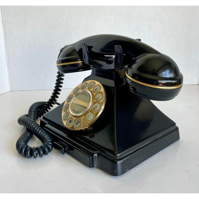 Vintage-Inspired Rotary Style Black Desk Telephone With Brass Dial For Sale In Los Angeles - Image 6 of 10