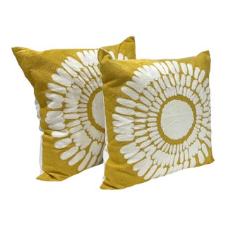 Mod Sunflower Embroidered Pillows With Down/Feather Inserts- a Pair For Sale
