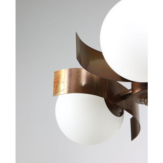 Copper Vintage Italian Copper and Opaline Glass Chandelier For Sale - Image 8 of 18