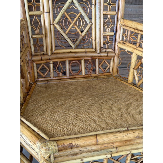 Tan Pair Vintage Brighton Pavilion Style High-Back Fretwork Bamboo Rattan Armchairs For Sale - Image 8 of 12