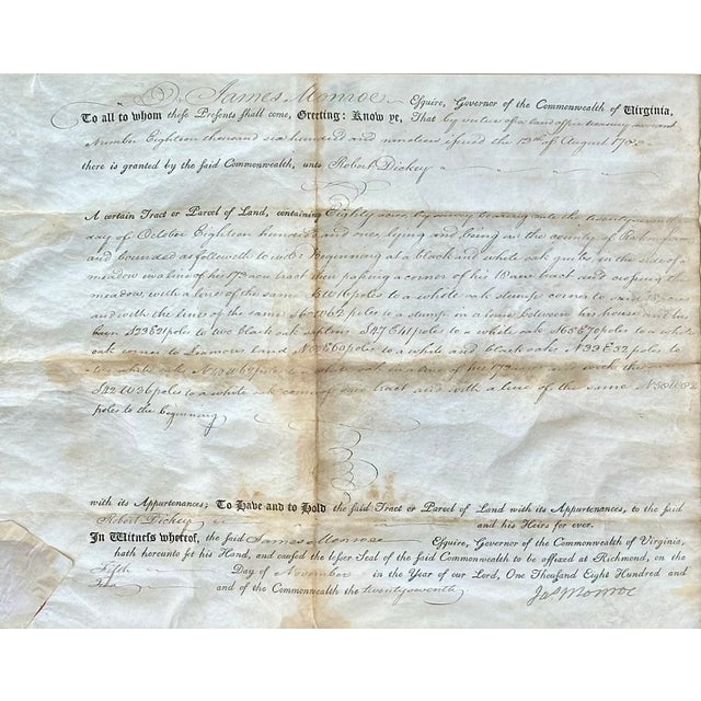 Early 19th Century James Monroe Signed Virginia Governor Land Grant Autograph Document, c.1800 — Rockingham County (Framed) For Sale - Image 5 of 6