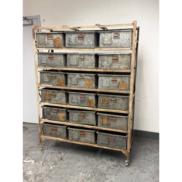 Industrial Vintage Sangham Storage Bins + Frame on Casters For Sale - Image 3 of 12