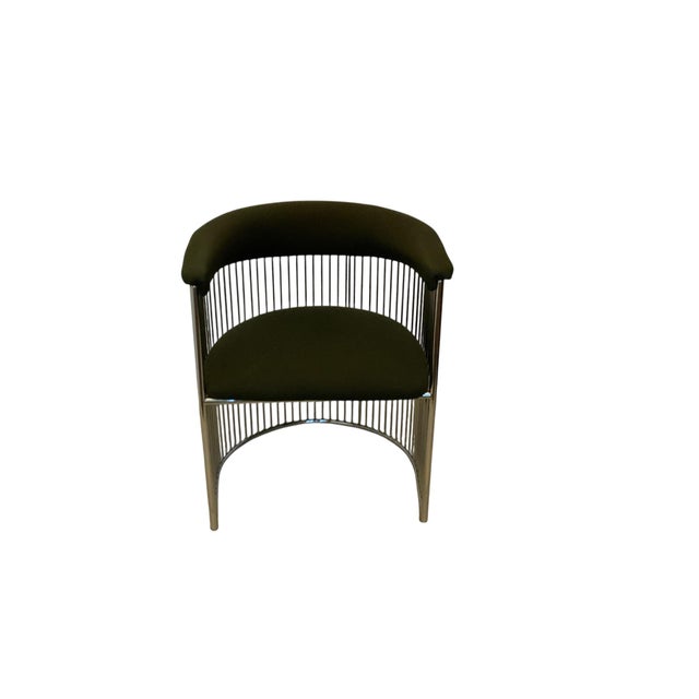 MCM Vintage Club Barrel Chrome Chair with Green Fabric Seat Cushion. Made in USA 1960s-1970s. In the style of Warren...