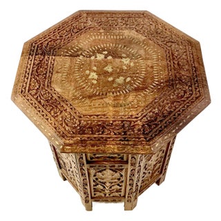 Mid-Century Moroccan Boho Chic Hand Carved Octagonal Side Table, Brass Inlaid Designs. For Sale
