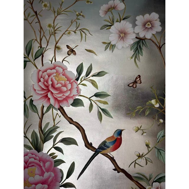 Chinoiserie Hand-Painted Chinoiserie Wallpaper on Champagne Metallic, Peonies & Birds – Set of 2 For Sale - Image 3 of 5