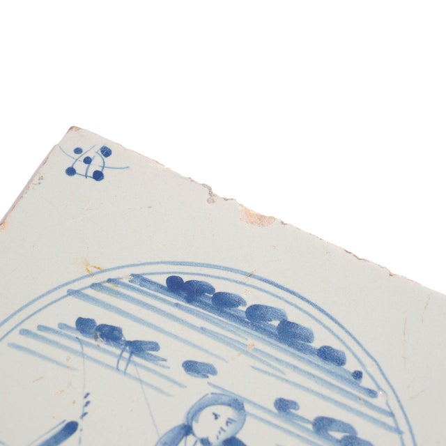 Traditional Delft Faience Tile of a Girl in a Landscape, C. 1700’s For Sale - Image 3 of 5