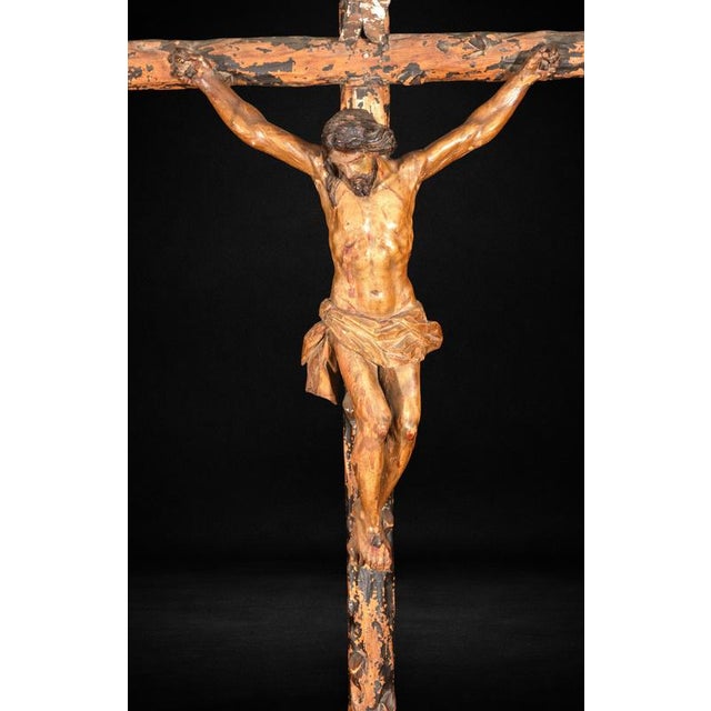 Baroque Spanish Baroque Carved Polychrome Crucifix, 1600s For Sale - Image 3 of 12
