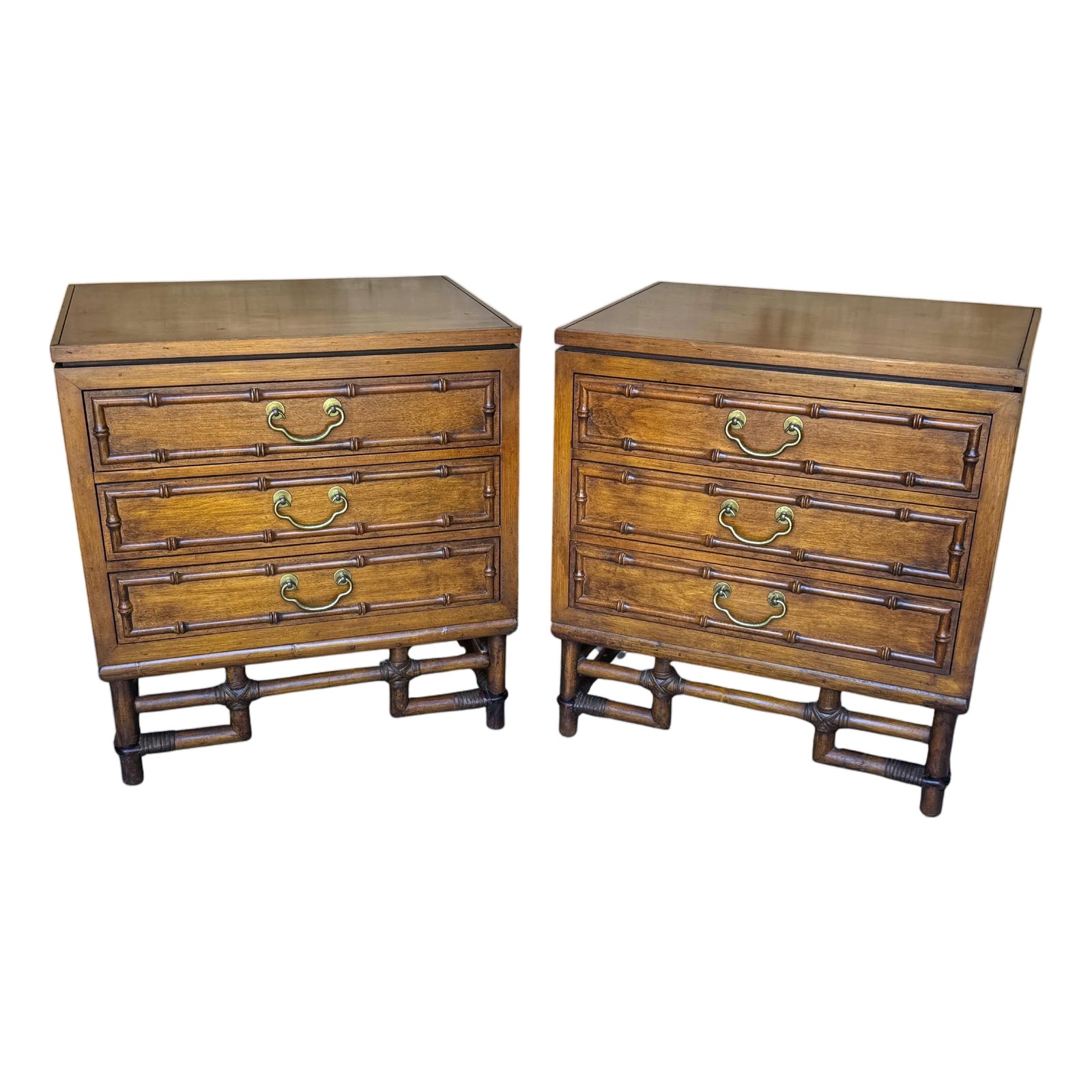 Pair of Faux Bamboo Chests by Ficks Reed, Mid-Century Campaign Style ...