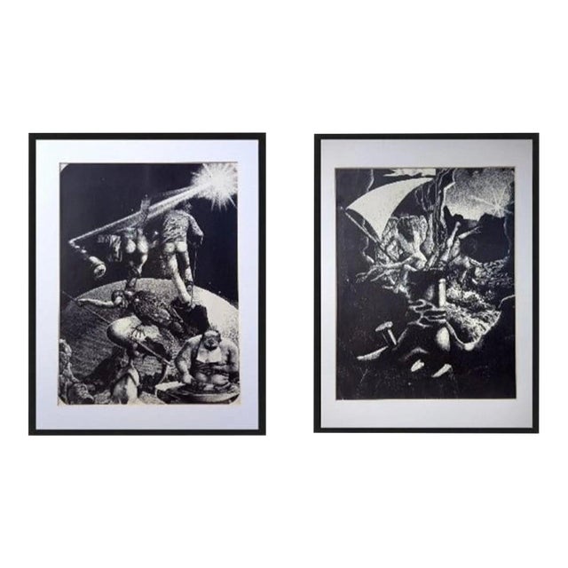 1960s Framed Surrealist Etchings Collector Gallery Wall- Set of 2 For Sale