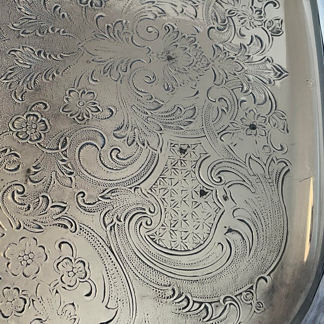 Vintage Silver Plate Large Butler's Buffet Tray With Handles and Feet For Sale - Image 18 of 18