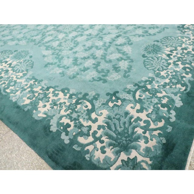 Turquoise Galerie Shabab Collection Mid-20th Century Handmade Chinese Art Deco Room Size Carpet in Green For Sale - Image 8 of 10