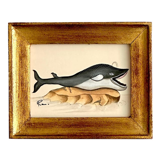 Original Hand-Painted Whimsical Baby Whale Painting in a Vintage Frame For Sale