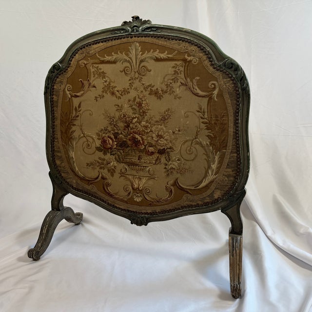 French Antique French Louis XV Style Painted Firescreen | Aubusson-Style Tapestry Panel | Sage Green Cabriole Legs | 37in For Sale - Image 3 of 18