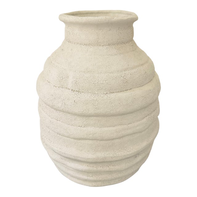 Sporvil Portugal Textured White Ribbed Ceramic Floor Vase For Sale