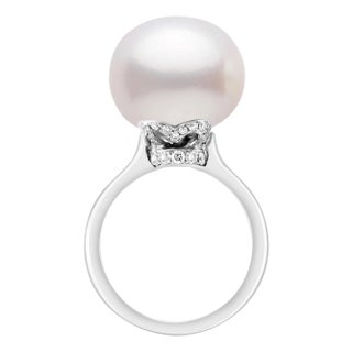 15.5MM Round White South Sea Pearl & Diamond Ring in Platinum by Valentin Magro For Sale
