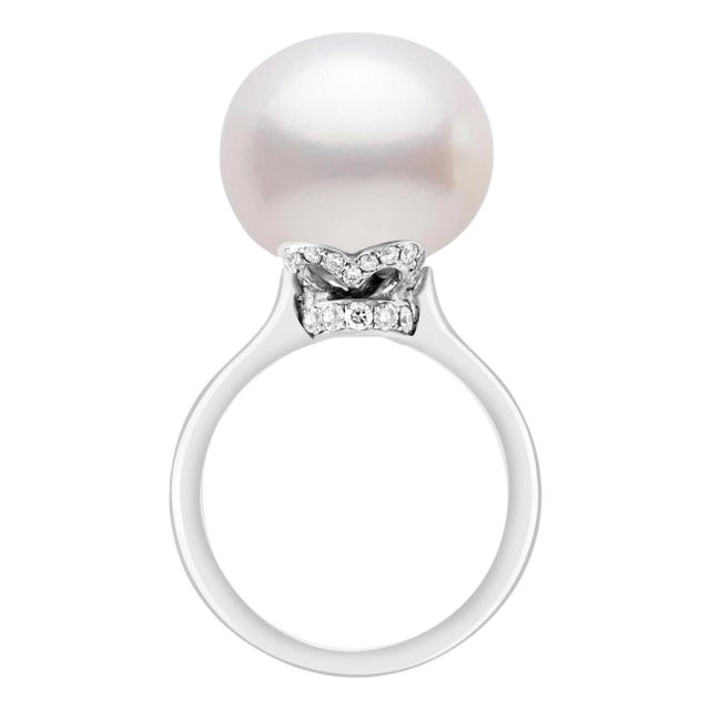 15.5MM Round White South Sea Pearl & Diamond Ring in Platinum by Valentin Magro For Sale