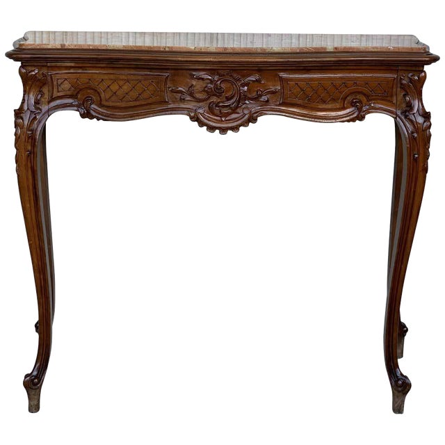 20th French Century Marble Top Walnut Console Table With Drawer For Sale