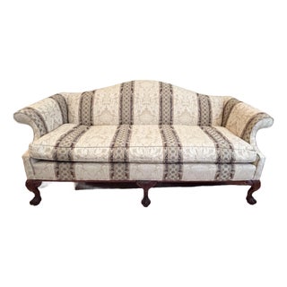 Vintage Traditional Chippendale Style Damask & Striped Camelback Sofa With Claw and Ball Feet For Sale