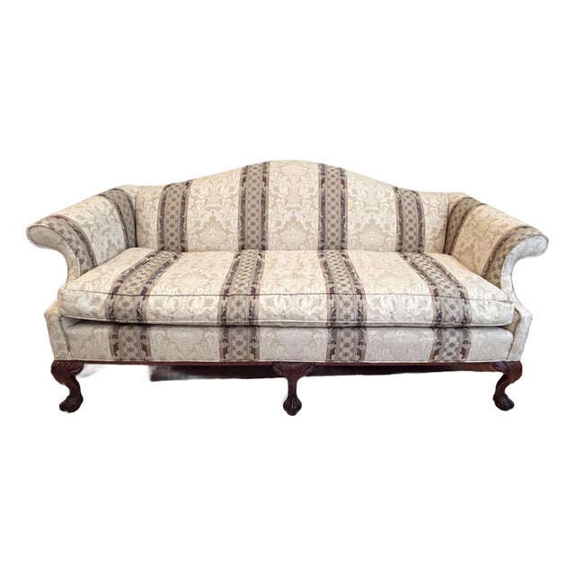 Vintage Traditional Chippendale Style Damask & Striped Camelback Sofa With Claw and Ball Feet For Sale