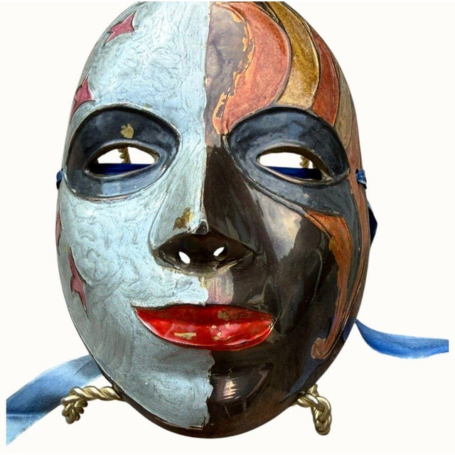Hollywood Regency Vintage Solid Brass Celestial Face Mask Sun Moon Stars Painted India 6" For Sale - Image 3 of 5