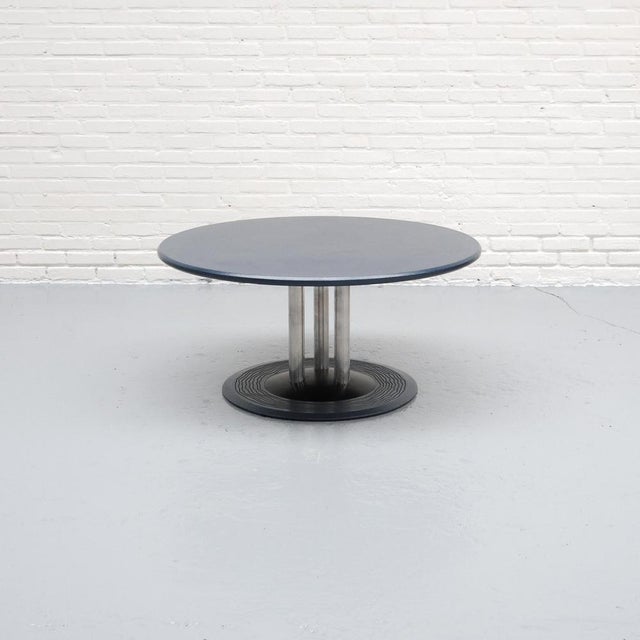 Postmodern coffee table 'Trias' from the 1980s, designed by Hugo de Ruiter for Leolux. The table features a blue lacquered...