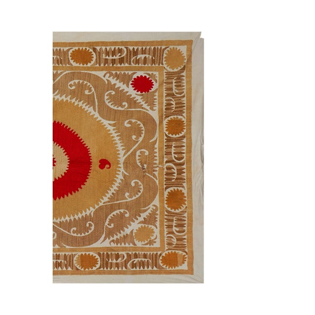 Mid-Century Modern Uzbek Suzani Textile, Square Red and Camel Table Cover in Red Tones 4'2'' X 4'9'' For Sale - Image 3 of 16