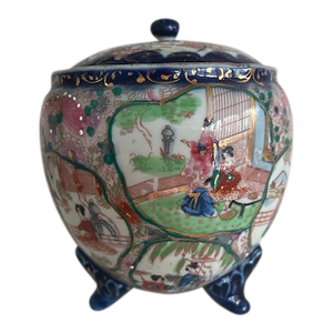 Antique Japanese Lidded Kutani Tripod Incense Jar With Figural Panels, Meiji Period