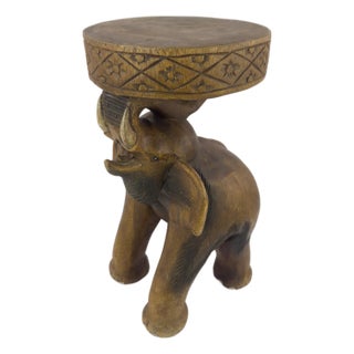 Vintage Hand-Carved Solid Hardwood Elephant Stool / Sculptural Folk Art Side Table For Sale
