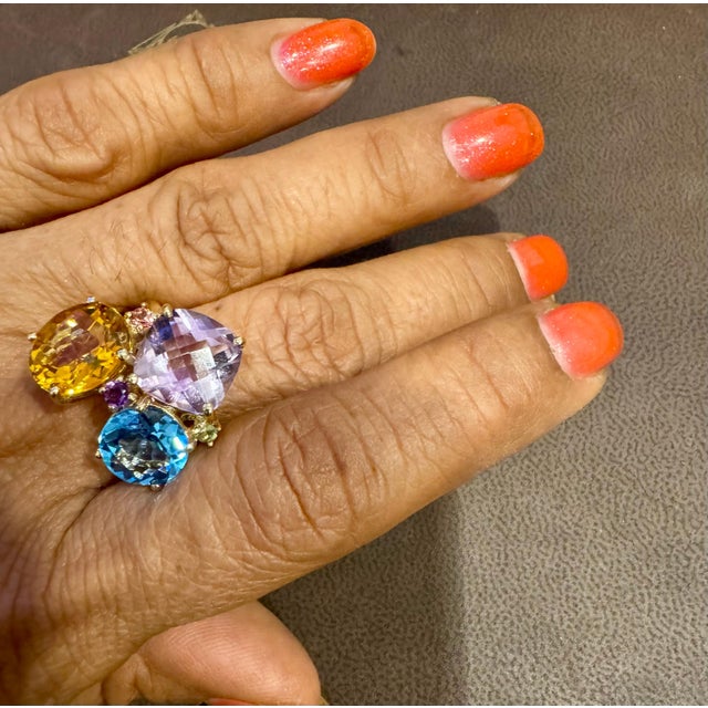 Blue Topaz, Citrine, Pink Amethyst Cocktail Ring 14 Karat Yellow Gold Estate S7 For Sale - Image 18 of 18