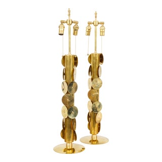 Pair of Brass Lamps With Circular Brass Discs For Sale