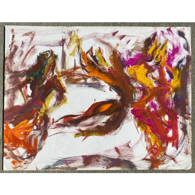 French artist Marius Woulfart (1905 - 1991) oil on paper painting of fiery dancers. Signed lower right.