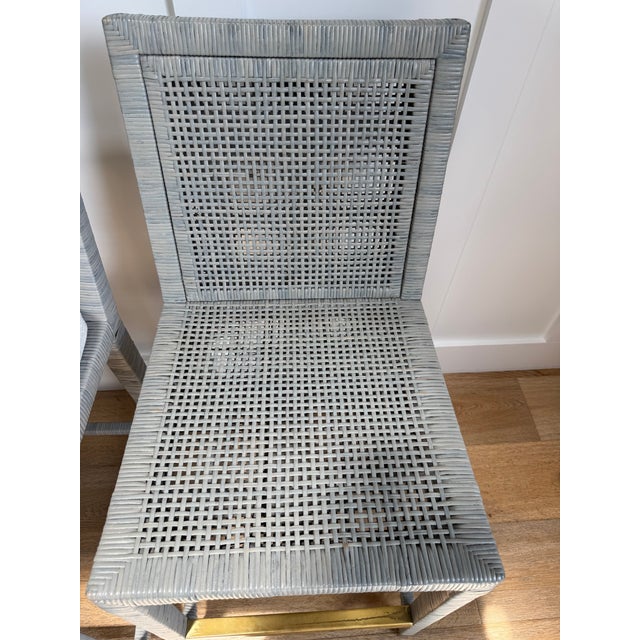 Wood 4 Serena & Lily Balboa Rattan Counter Stools in Mist With Chalk & White Perennials Cushions For Sale - Image 7 of 11