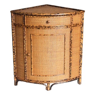 1980s British Colonial Style Bamboo and Cane Corner Cabinet For Sale