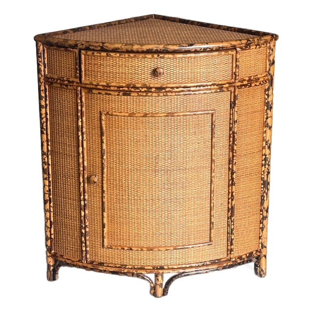 1980s British Colonial Style Bamboo and Cane Corner Cabinet For Sale