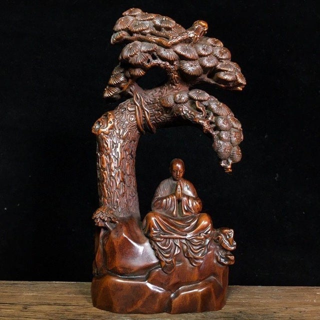 Hand-Carved Boxwood Figure of a Monk Under a Pine Tree For Sale - Image 4 of 9