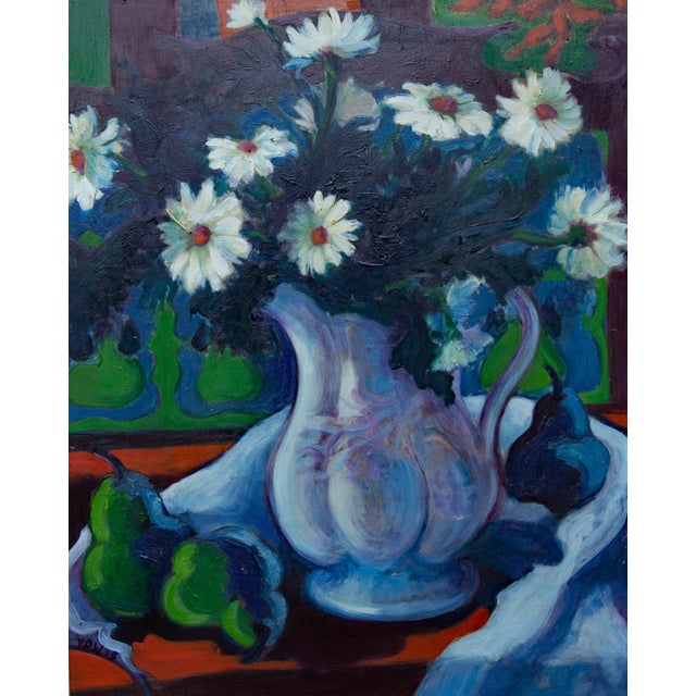 Mid century impressionist still life painting. Brilliant colors. Pears and daises. Monogrammed "Y D W". Dated 1975. Oil on...