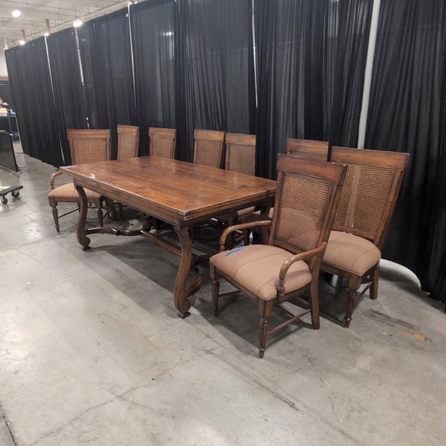 Acquisitions by Henredon 9-Piece Dining Set, Trestle Extension Table and 8 Cane Back Chairs For Sale In Seattle - Image 6 of 10