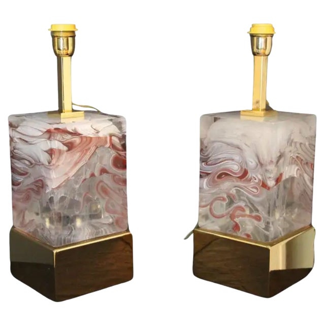 Murano Glass Block Table Lamps, 1990s, Set of 2 For Sale