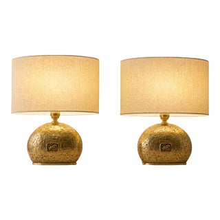 1970s Italian Cast Brass Table Lamps With Oval Shades - Pair For Sale