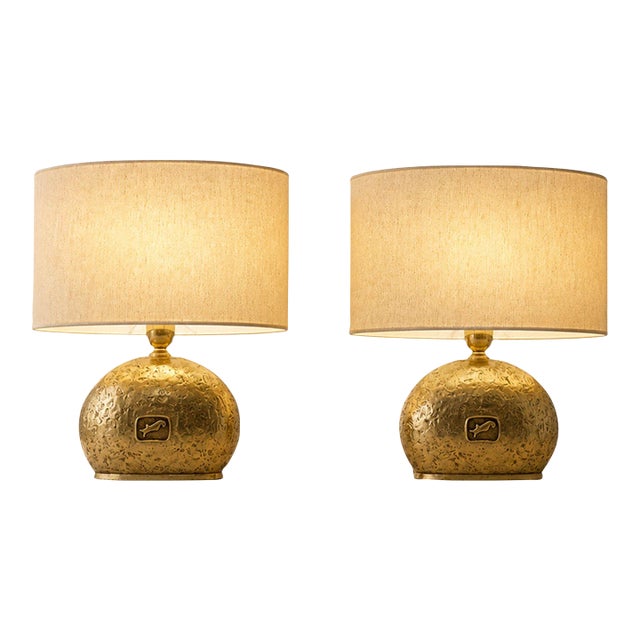 1970s Italian Cast Brass Table Lamps With Oval Shades - Pair For Sale