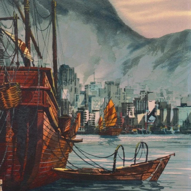 Mid-Century Modern 'Hong Kong Harbor' by Frank Moss Hamilton, Kowloon, Bank of Hong Kong, California Watercolor Society, San Francisco Art Institute For Sale - Image 3 of 11