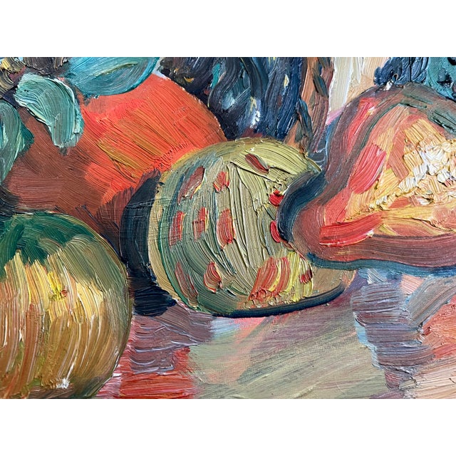 Paper 1940s Vintage Oil Painting Still Life With Basket, Fruit, Vase, and Bottle, Unsigned For Sale - Image 7 of 9