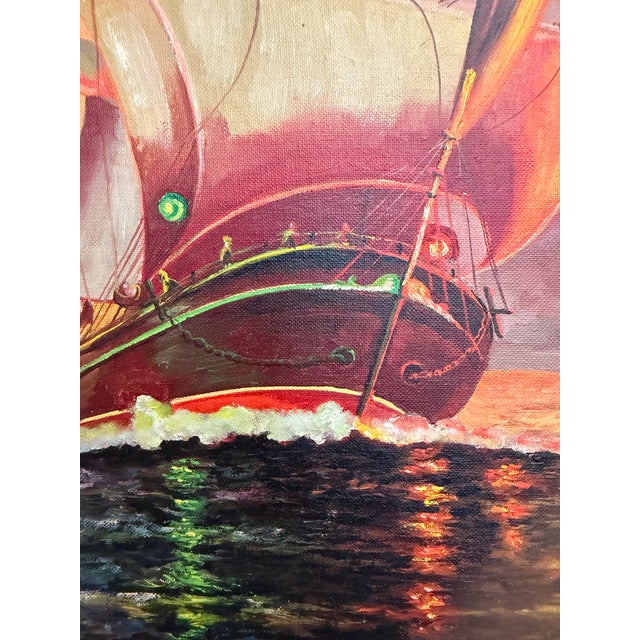 Original Vintage Oil Painting by Klekner (1962) – Tall Ship at Sunset, Seascape For Sale In Jacksonville, FL - Image 6 of 8