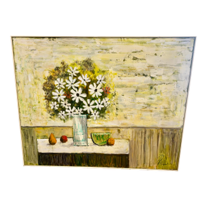 Midcentury Daisies & Fruit Painting by Lee Reynolds